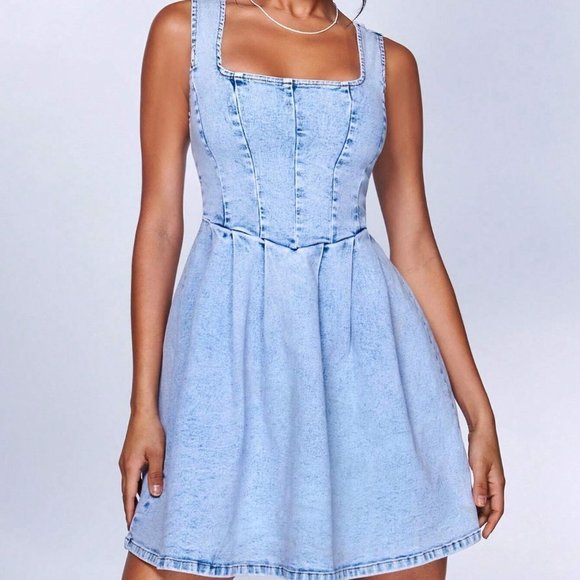 . Dresses & Skirts - Light Wash Casual Womens Square Neck Fold Pleated Denim Dress